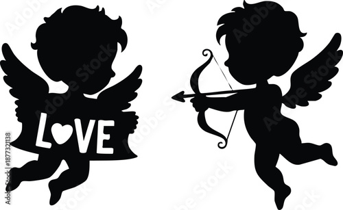 Minimalist Black Cupid Silhouettes with "Love" Banner and Bow, Romantic Cherub Silhouette Pair with Archery and Heart Details, Monochrome Valentine's Day Cupid Graphics in Profile, vector.