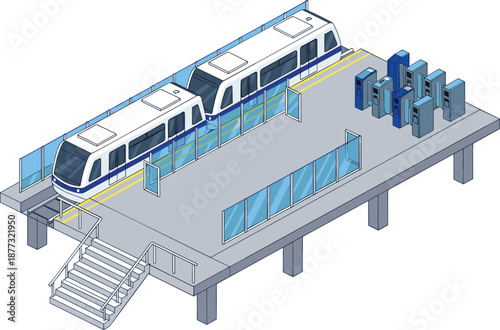 Isometric modern metro train station illustration with platform, ticket gates, glass barriers, stairs, and urban public transportation infrastructure design