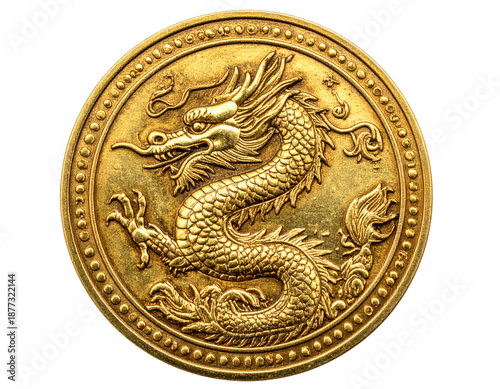 Antique gold dragon zodiac coin style symbol, isolate on white background.
