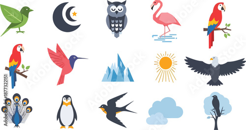 Minimalist flat vector wildlife bird icon set owl flamingo parrot hummingbird eagle penguin peacock