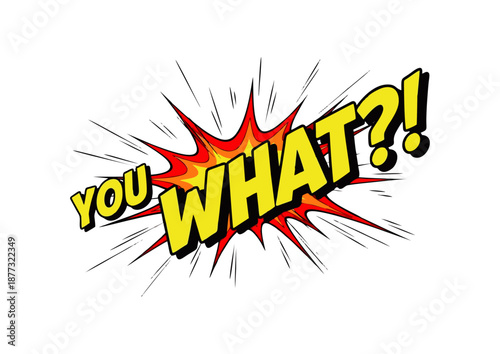 Dynamic 'You What?!' text graphic in vibrant pop art explosion style, conveying surprise, shock, or disbelief