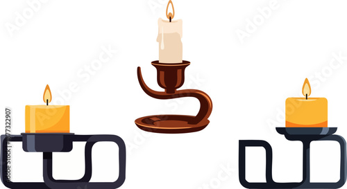 WebThree glowing candles resting in different styles of candle holders provide warm illumination creating a mystical and ancient atmosphere perfect for holidays or contemplation.