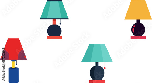 WebCollection of various stylized desk and table lamps featuring different colorful shades and bases illustrated against a dark background