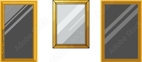 WebThree ornate golden framed rectangular mirrors hang mounted against a stark black background in this simple graphic design element illustration.