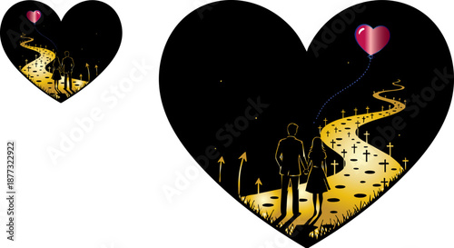 WebSilhouette of a loving couple walking hand-in-hand along a winding golden path guided by a floating heart-shaped balloon representing romance and eternal commitment.