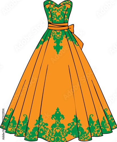 WebElegant long ball gown featuring striking orange fabric contrasted with intricate detailed green lace appliqué and a delicate cinched waistband accentuating the silhouette.