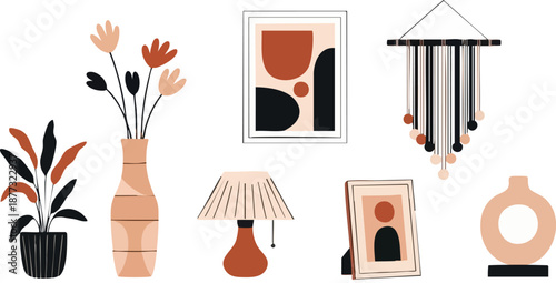 WebCollection of modern bohemian home decor illustrations featuring abstract art plants vases lamps and hanging ornaments set against a dark background.