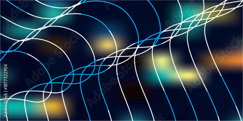 Abstract dark background with glowing bokeh lights and dynamic wavy white and blue lines creating a futuristic and technological pattern.