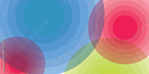 Abstract graphic design featuring overlapping translucent circles with vibrant colors and concentric rings.