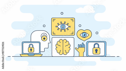 Digital security and privacy concept with brain and eye icons
