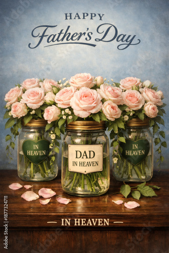 A heartfelt Father's Day tribute featuring soft pink roses in mason jars, each labeled 'In Heaven,' symbolizing love and remembrance.