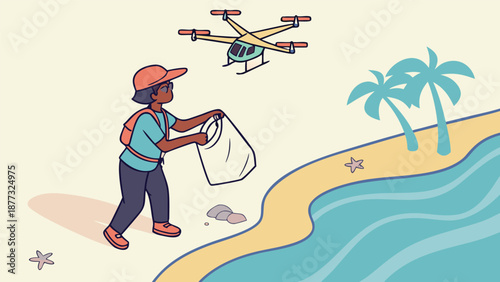 Beach Cleanup and Drone Delivery: A person on a beach gathers trash, while a drone hovers above, suggesting environmental responsibility and innovative waste management.