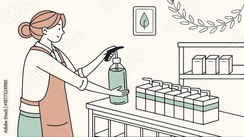 Eco-Friendly Service: A woman diligently dispenses cleaning product from a refillable container, promoting sustainable practices and environmental responsibility in a modern setting. 