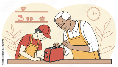 Quality Time: Two generation, Grandfather and grandson bond over a shared task, working together to repair a toaster, a moment of teaching, love, and connection.