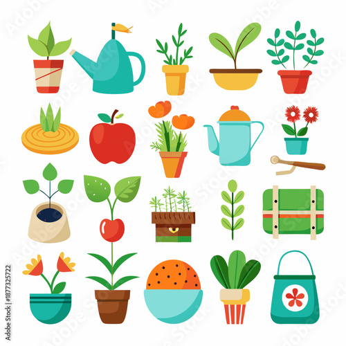Vibrant assortment of gardening tools, plants and produce icons
