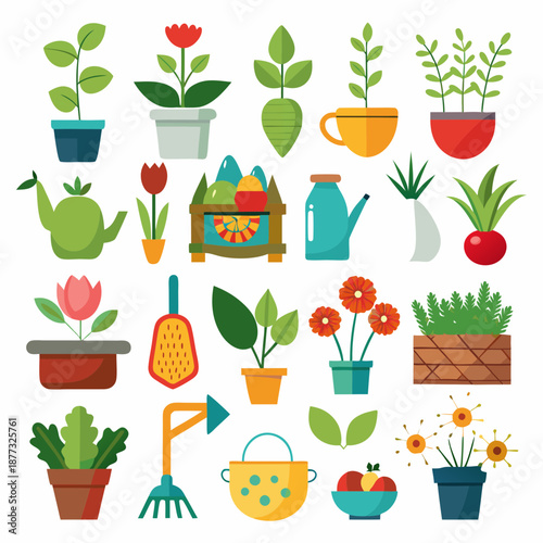 Flat style gardening elements collection on white background