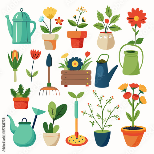 Colorful cartoon gardening tools and flowers flat vector illustration