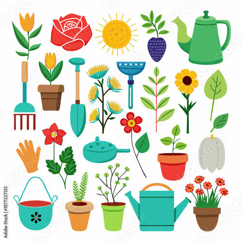 Colorful Gardening Tools and Plants Flat Illustration on White
