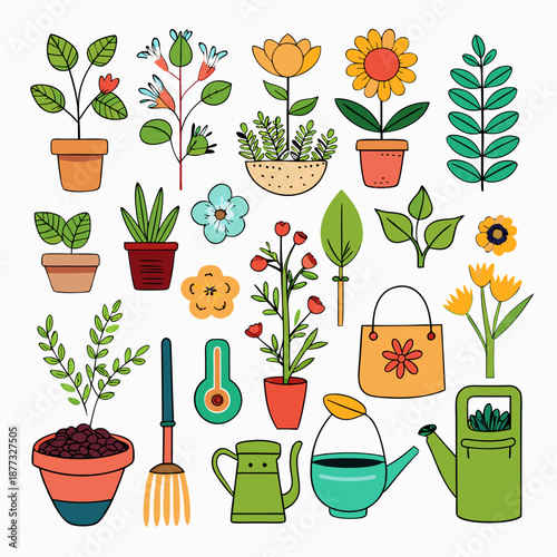 Assorted gardening tools and plants in cartoon illustration style