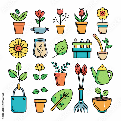 Cartoon-style image with gardening elements and potted plants