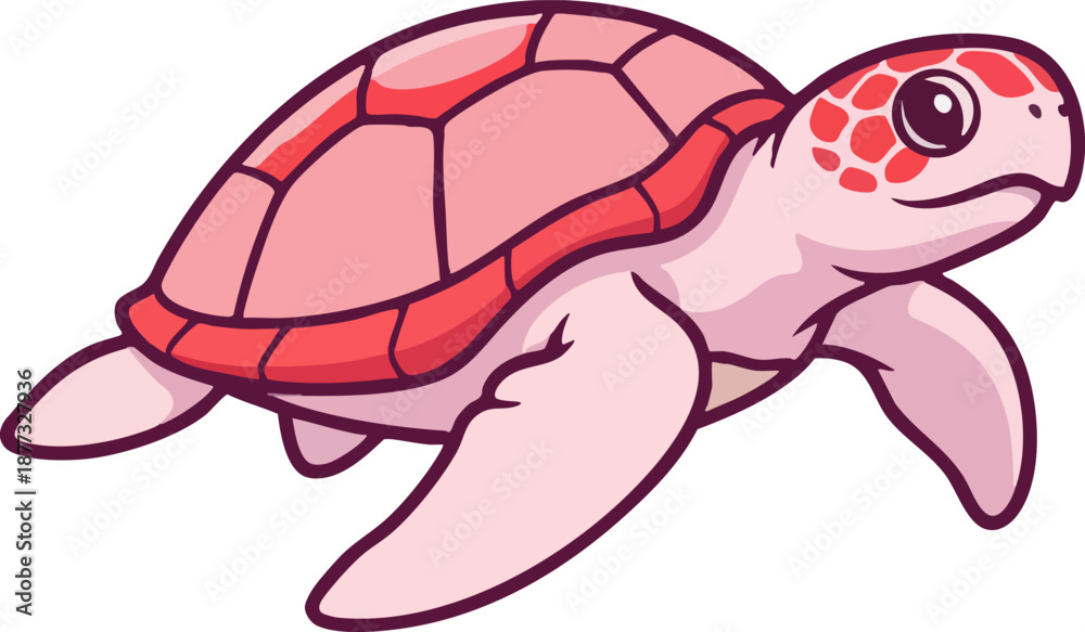 Fototapeta premium Cute cartoon pink sea turtle swimming illustration isolated on white.