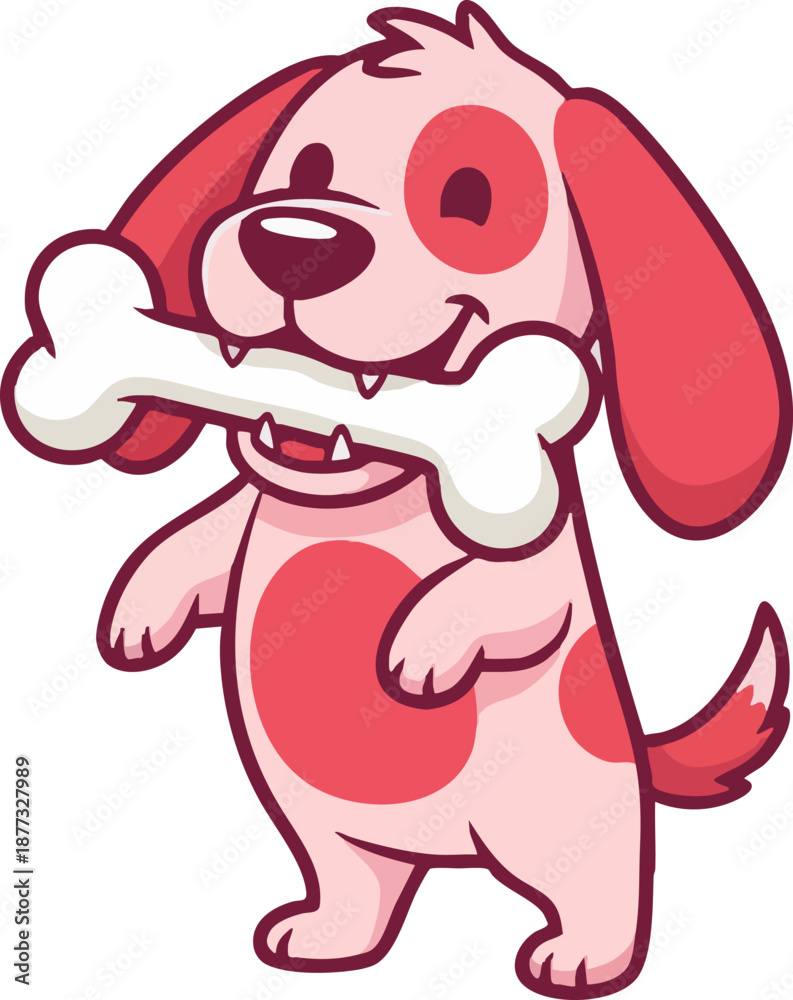 Fototapeta premium Cute cartoon puppy standing and holding a big dog bone