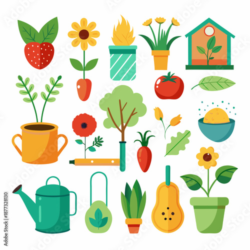 Garden elements flat vector illustration on white background