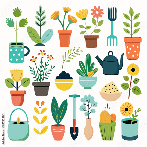 Flat vector illustration of gardening tools and plants