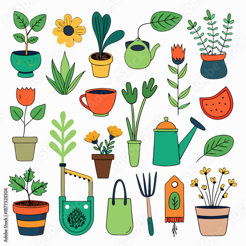 Collection of playful hand-drawn gardening tools and plants
