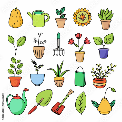 Hand-drawn gardening equipment and potted plants illustration elements