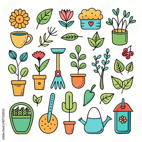 Garden tools and plants, flat design style, bright colors