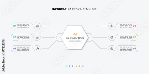 Modern hexagon chart infographic template with 6 options for presentations. Infographic 6 diagram chart template for business 6, options, presentation with diagram elements, infographics