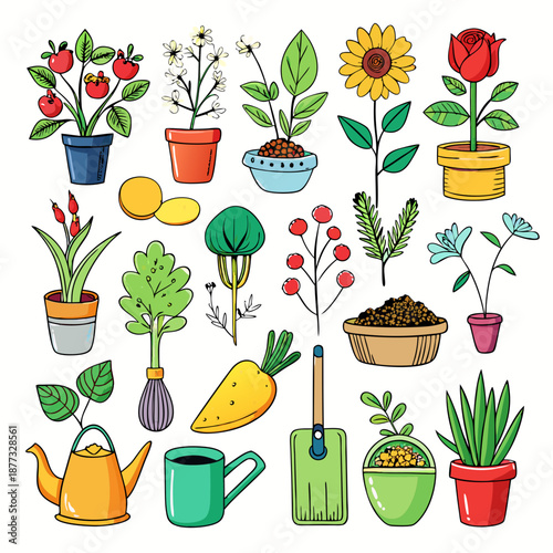 Colorful hand-drawn potted plants and garden tools illustration design