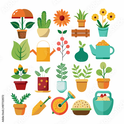 Flat design gardening icons illustration featuring plants and equipment