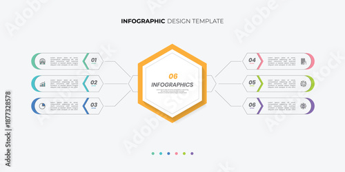 Modern hexagon chart infographic template with 6 options for presentations. Infographic 6 diagram chart template for business 6, options, presentation with diagram elements, infographics