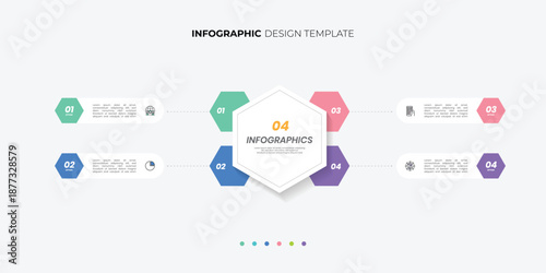 Modern hexagon chart infographic template with 4 options for presentations. Infographic 4 diagram chart template for business 4, options, presentation with diagram elements, infographics