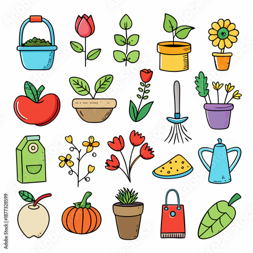 Hand drawn gardening and harvest items vector illustration set