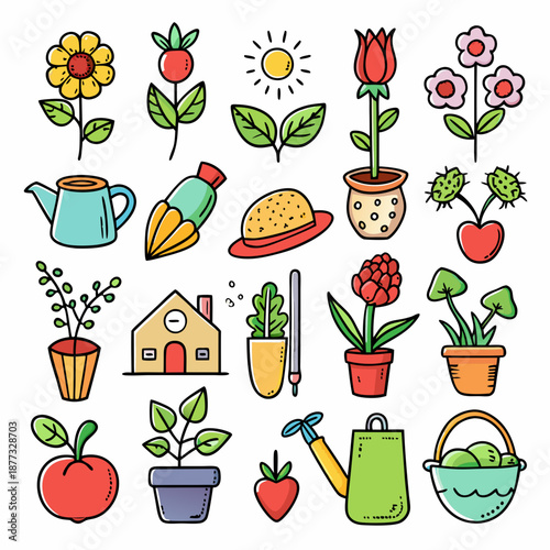 Cartoon garden items with cheerful flowers and gardening tools