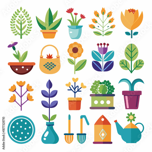 Collection of flat vector botanical and gardening themed elements