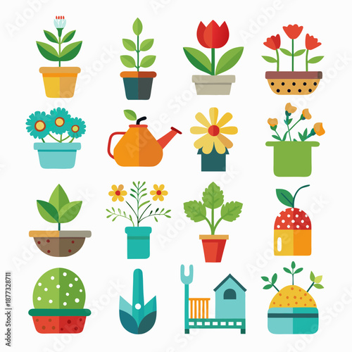 Collection of garden plants, tools, and supplies in flat style