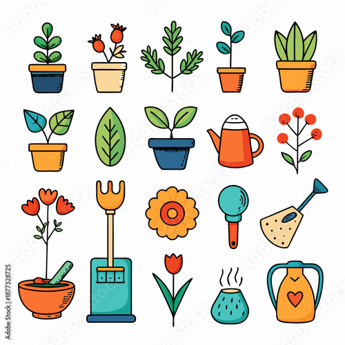 Collection of garden and planting related illustrated icons