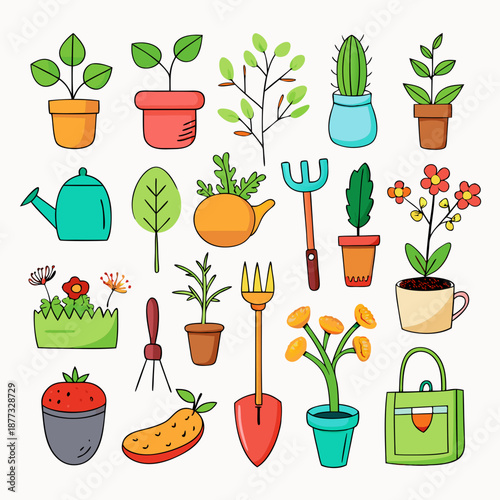 Colorful garden elements flat vector art on white background