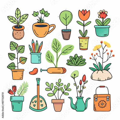 Assorted houseplants and gardening tools arranged on white background