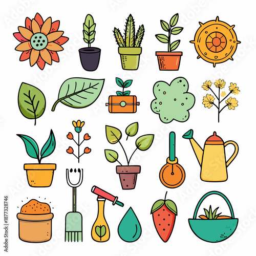 Cute hand-drawn gardening tools and plants illustration set