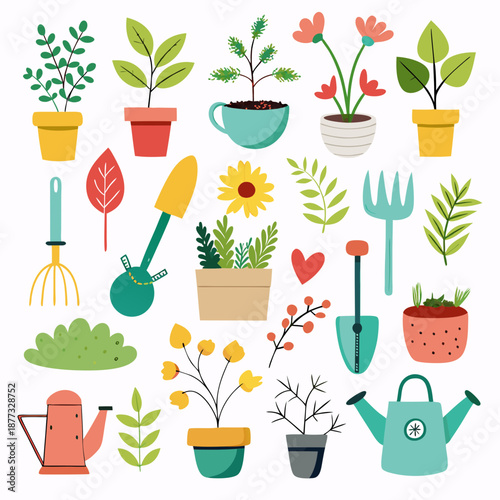 Cheerful gardening elements arranged on white background flat lay