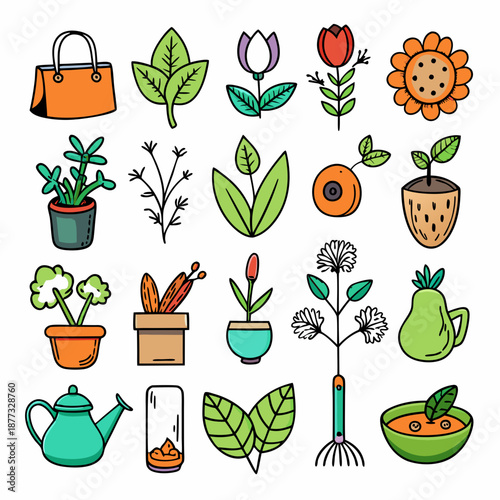 Collection of hand drawn plants, flowers, and gardening items