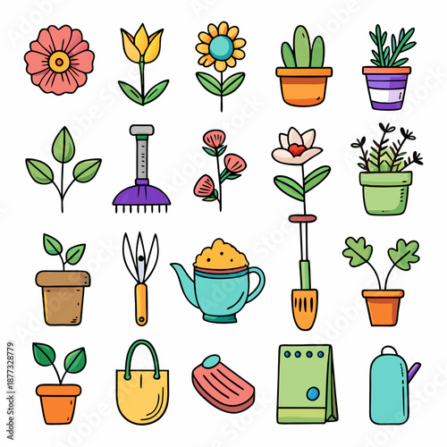 Gardening tools and plants vector illustration collection isolated