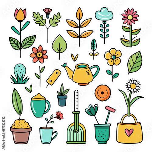 Collection of colorful garden tools and plants illustration
