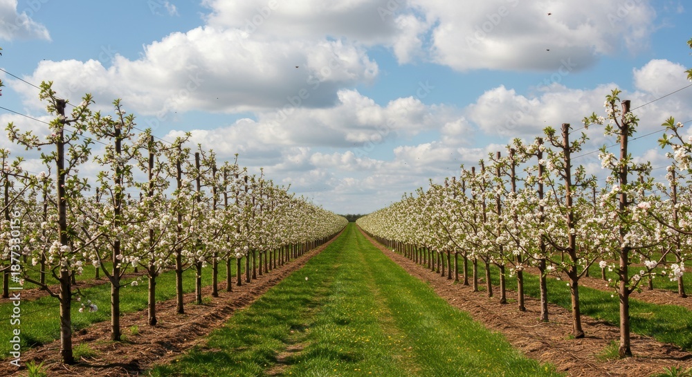 Fototapeta premium Blossoming orchard rows under a spring sky