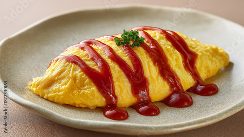 Japanese omurice omelette rice drizzled with ketchup on white plate